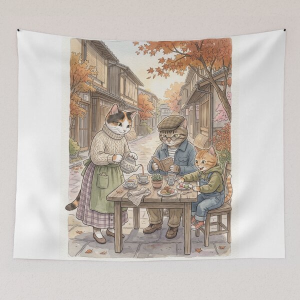 Item preview, Family of cats having tea in cozy watercolor autumn Japanese alley designed and sold by TheCoolCatsMx.