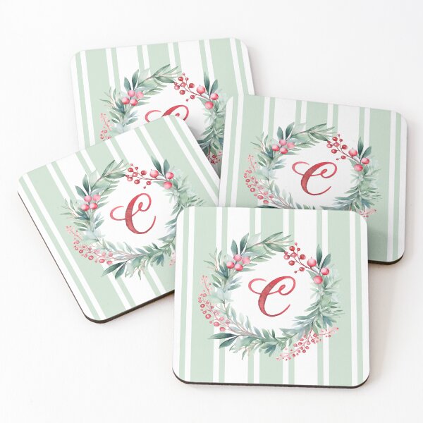 Item preview, C Initial Christmas Wreath with Green Striped Background designed and sold by Feeling Artsy.