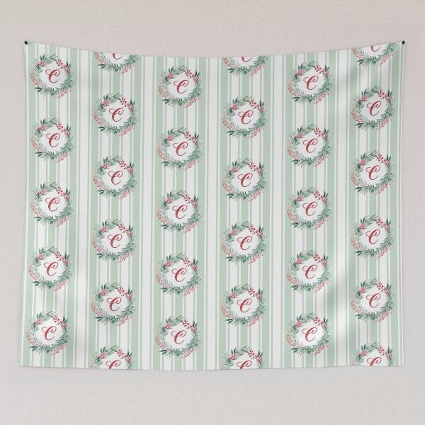 Item preview, C Initial Christmas Wreath with Green Striped Background designed and sold by Feeling Artsy.