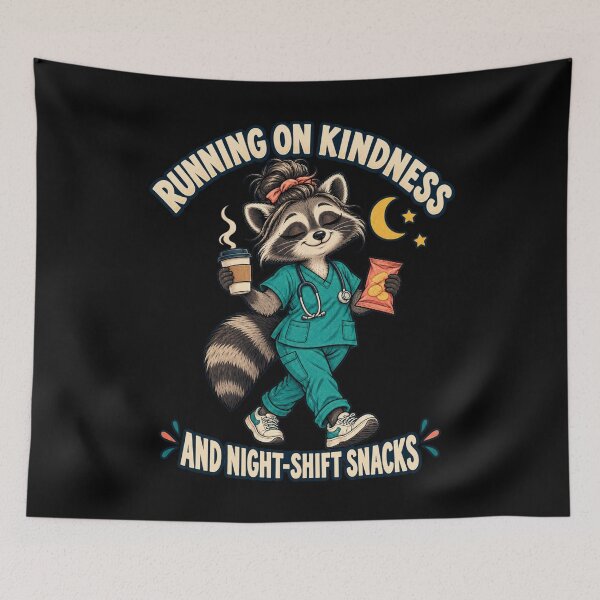 Item preview, Running on Kindness and Night-Shift Snacks - Raccoon Nurse designed and sold by Good Mood Foundry.