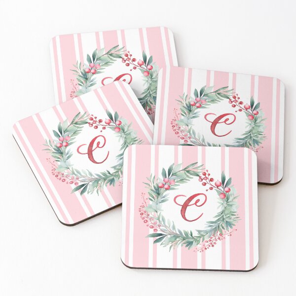 Item preview, C Initial Christmas Wreath with Pink Striped Background designed and sold by Feeling Artsy.