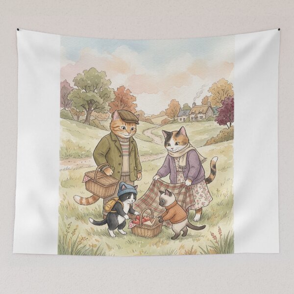 Item preview, Family of cats on a cozy watercolor picnic in the English countryside designed and sold by TheCoolCatsMx.