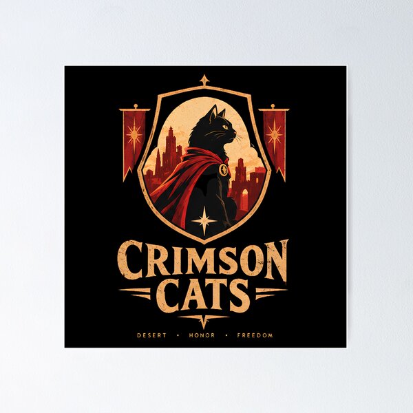 Item preview, Crimson Cats - Medieval Heraldic Cat Warrior Crest | Desert Honor Freedom Vintage Poster designed and sold by Retro Whiskers.