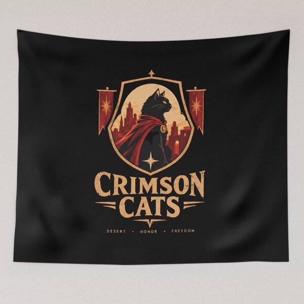 Item preview, Crimson Cats - Medieval Heraldic Cat Warrior Crest | Desert Honor Freedom Vintage Poster designed and sold by Retro Whiskers.