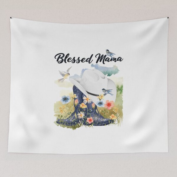 Item preview, Blessed Mama with Cowboy Boots/Hat, Wildflowers, Birds & Meadow Background designed and sold by JeweledDesigns.