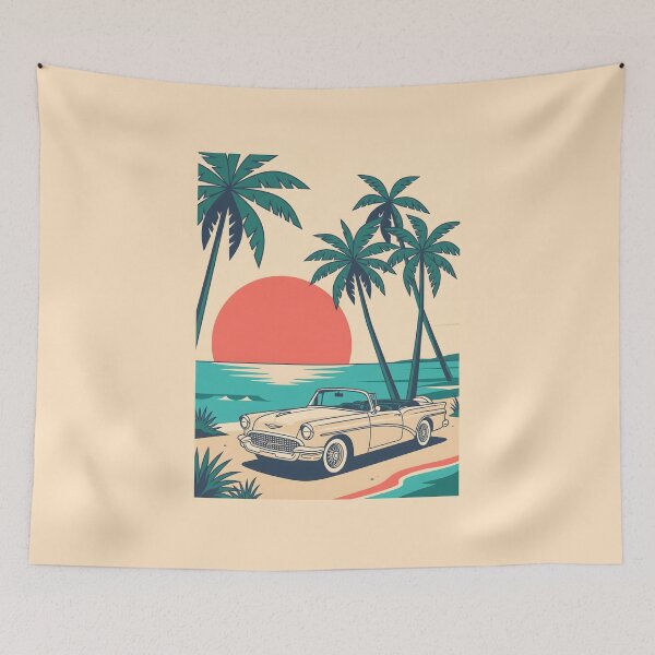 Item preview, Vintage Light-Colored Classic Car by the Sea – Retro Coastal Beach Design designed and sold by Sea Gem.