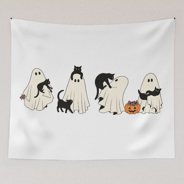 Item preview, Cute Ghost and Black Cat Halloween Design, Minimalist Spooky Season Ghosts with Kittens, Cozy Autumn Illustration designed and sold by MAXIZPRINT.
