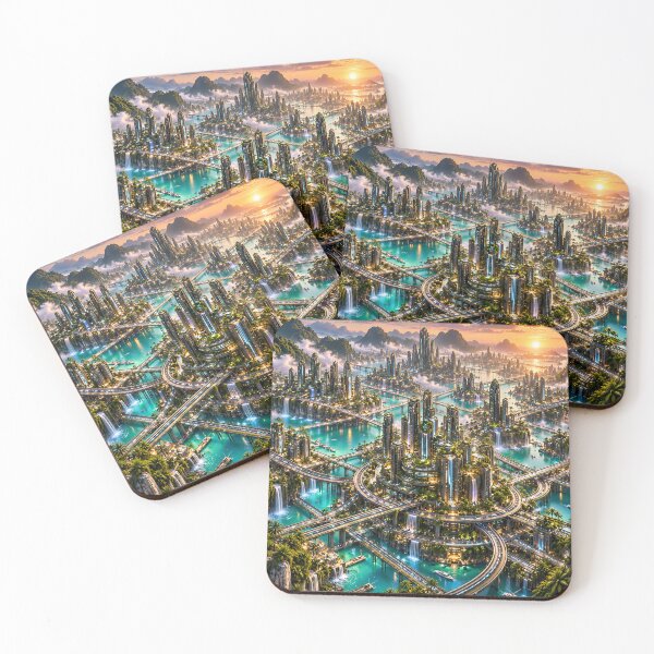 Item preview, Futuristic Tropical City Paradise – Neon Sci-Fi Waterfall Metropolis designed and sold by IRON SIREN.