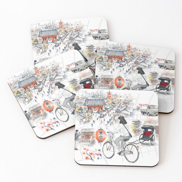 Item preview, Japanese City Travel Line Art Sketch with Cyclist and Temple designed and sold by maewjpho.