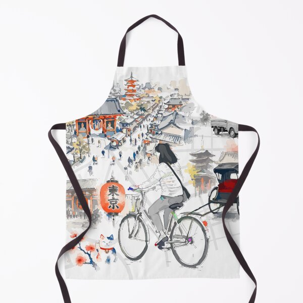 Item preview, Japanese City Travel Line Art Sketch with Cyclist and Temple designed and sold by maewjpho.