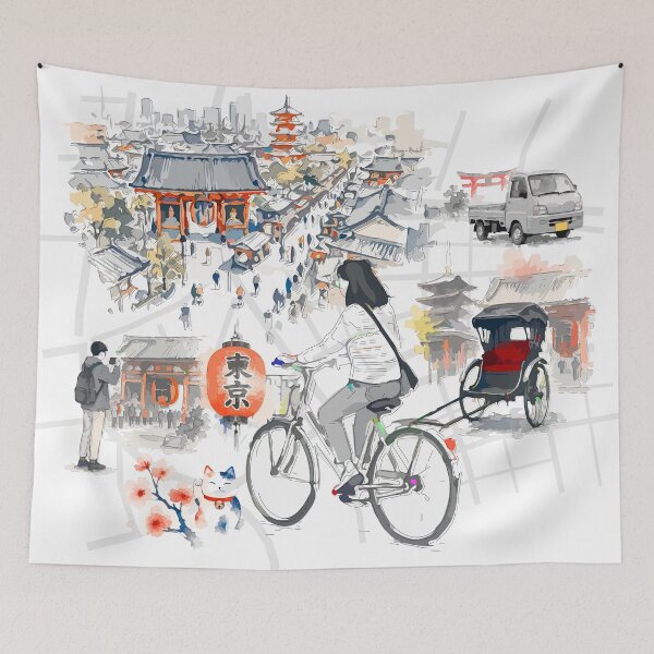 Item preview, Japanese City Travel Line Art Sketch with Cyclist and Temple designed and sold by maewjpho.