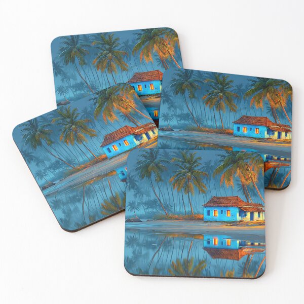 Item preview, Serene Beach House with Palm Trees at Sunset Glow designed and sold by Artessie.