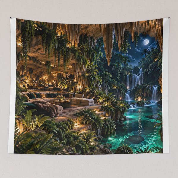 Item preview, Luxury Tropical Cave Retreat – Enchanted Waterfall Jungle Paradise designed and sold by IRON SIREN.