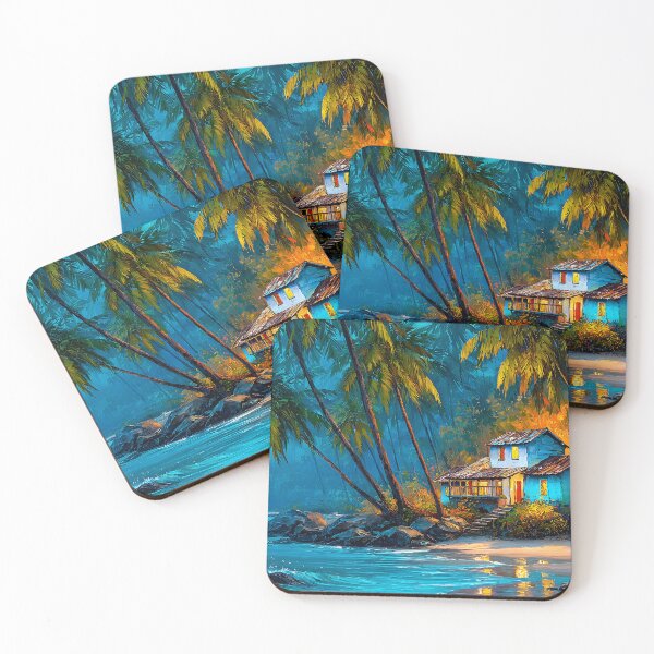 Item preview, Serene Beach House with Palm Trees at Sunset Glow designed and sold by Artessie.