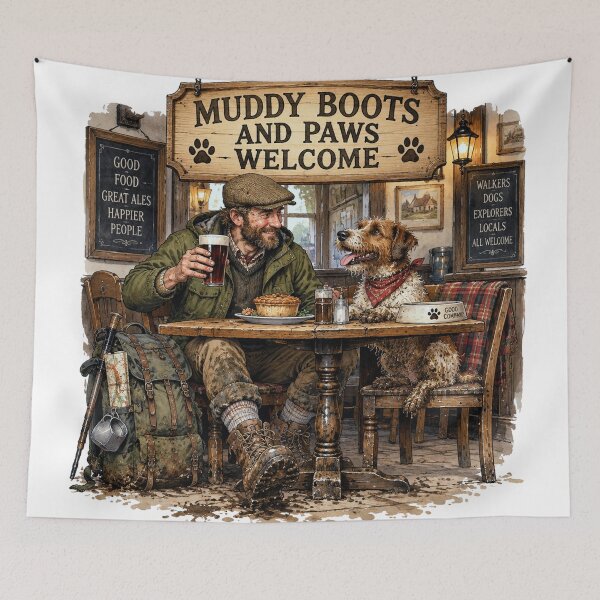 Artikelvorschau, Muddy hiker and dog in the pub entworfen und verkauft von Talpha.