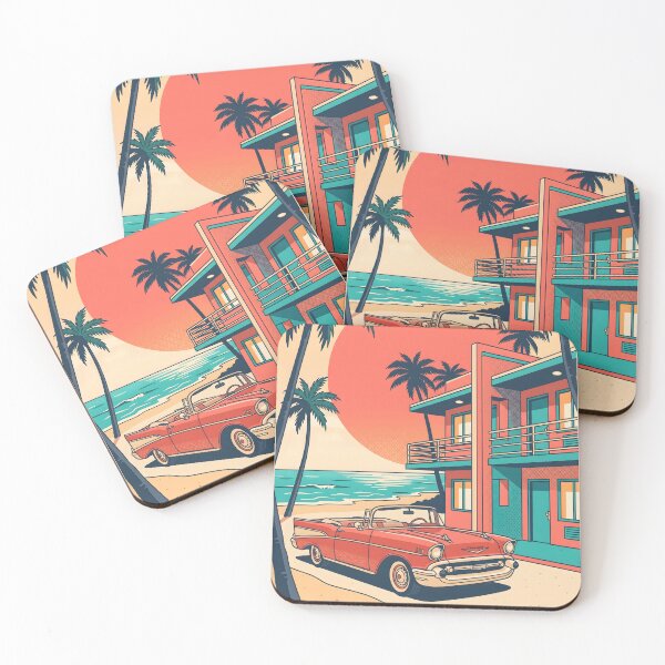 Item preview, Vintage Red Classic Car at Coastal Building – Retro Beach Drive Design designed and sold by Sea Gem.