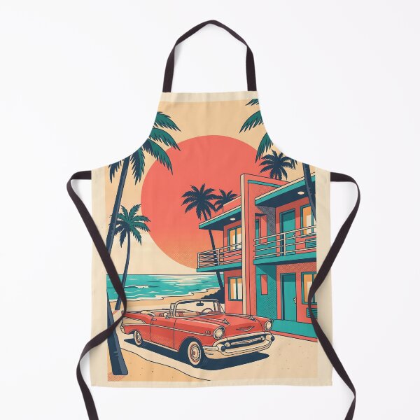 Item preview, Vintage Red Classic Car at Coastal Building – Retro Beach Drive Design designed and sold by Sea Gem.