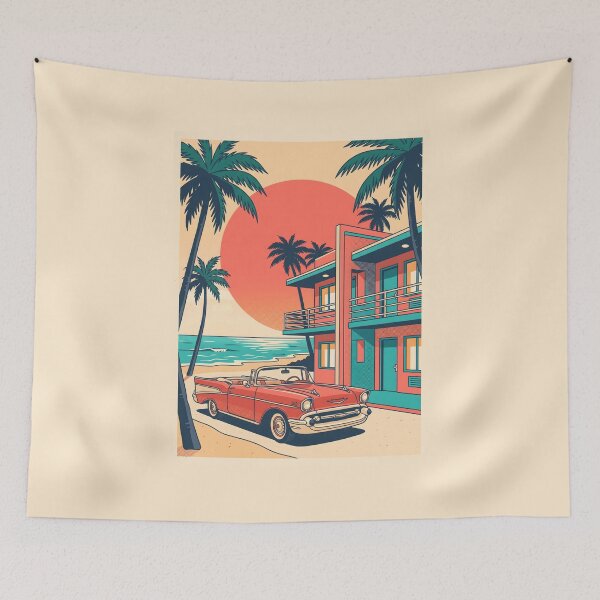 Item preview, Vintage Red Classic Car at Coastal Building – Retro Beach Drive Design designed and sold by Sea Gem.