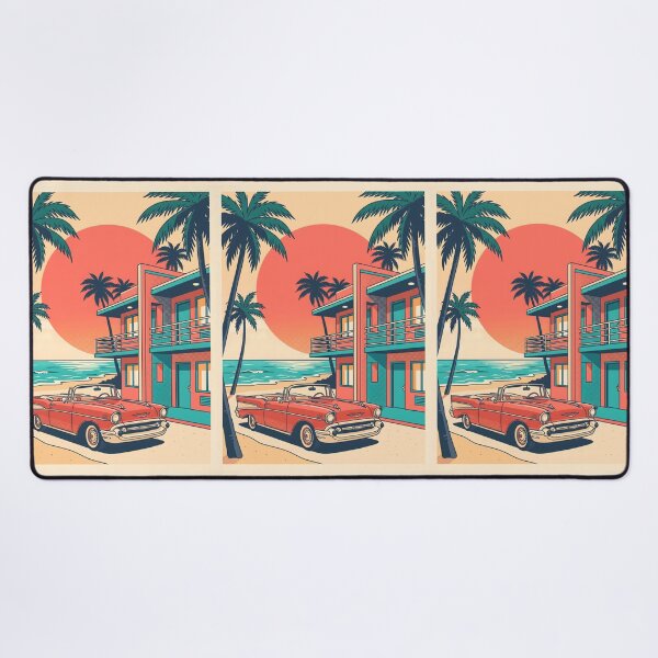 Item preview, Vintage Red Classic Car at Coastal Building – Retro Beach Drive Design designed and sold by Sea Gem.