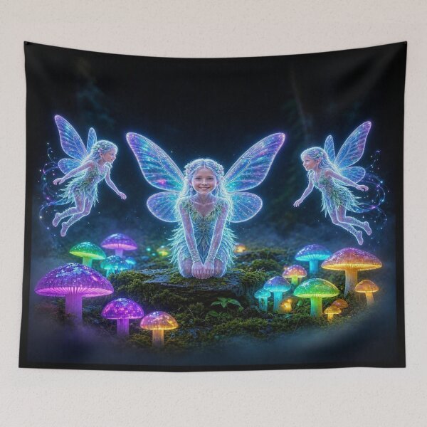 Item preview, Neon Glowing Forest Fairies - Magic Mushroom Heart & Pattern designed and sold by Breezes-of-Ida.