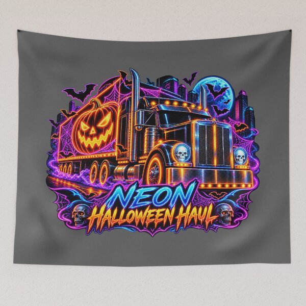 Item preview, Neon Halloween Haul Semi Truck - Spooky Pumpkin Trucker Art designed and sold by NomadForge.