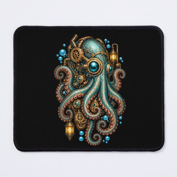 Item preview, Mechanical Steampunk Octopus Digital Illustration in Teal and Gold designed and sold by potseed21.