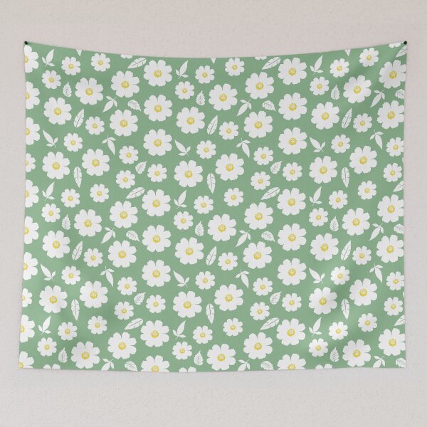Item preview, White Cosmos Flowers on Sage Green Seamless Pattern designed and sold by SmallDart Creations.