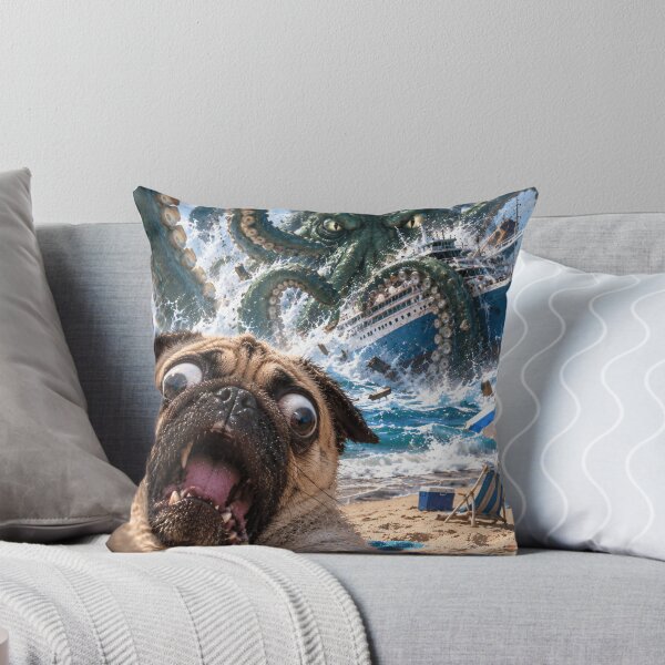 Item preview, Pug Selfie Kraken Attack – Shocked Dog at the Beach designed and sold by ManxCatAndy.