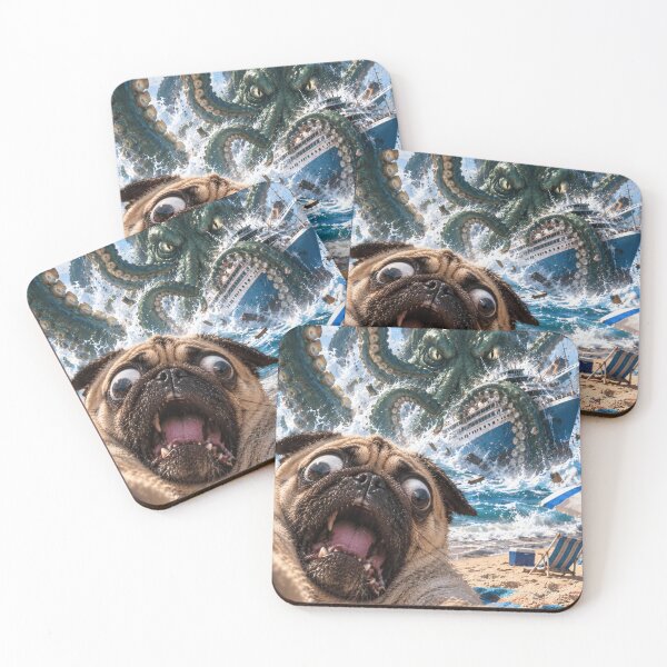 Item preview, Pug Selfie Kraken Attack – Shocked Dog at the Beach designed and sold by ManxCatAndy.