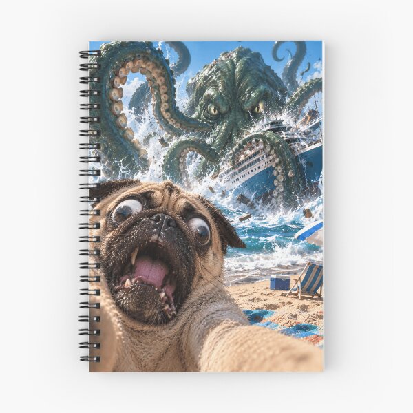 Item preview, Pug Selfie Kraken Attack – Shocked Dog at the Beach designed and sold by ManxCatAndy.