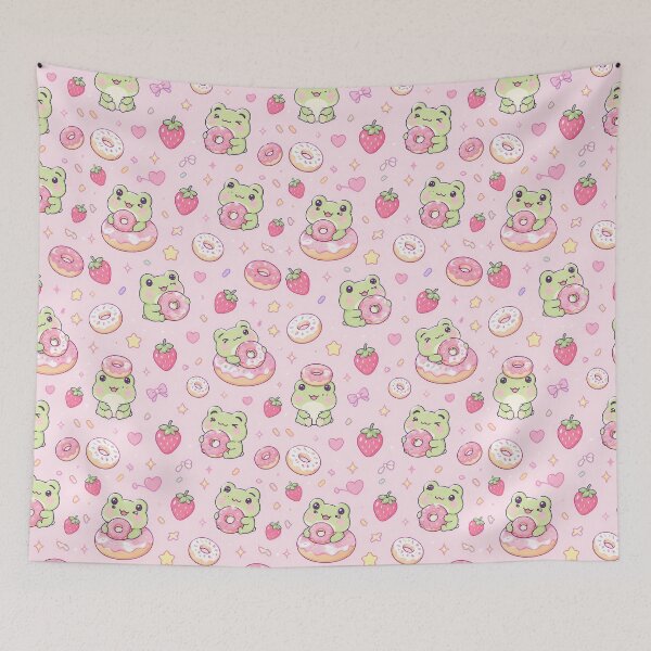 Item preview, Kawaii Frog Strawberry Donut Pattern designed and sold by Soft Berry Studio.