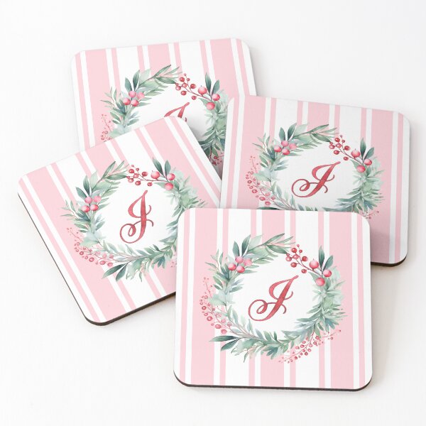 Item preview, J Initial Christmas Wreath with Pink Striped Background designed and sold by Feeling Artsy.