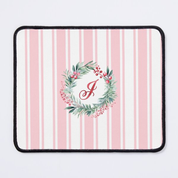 Item preview, J Initial Christmas Wreath with Pink Striped Background designed and sold by Feeling Artsy.