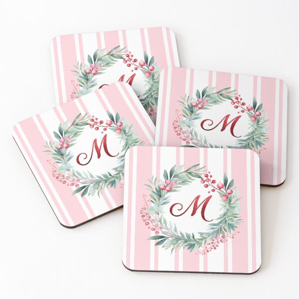 Item preview, M Initial Christmas Wreath with Pink Striped Background designed and sold by Feeling Artsy.
