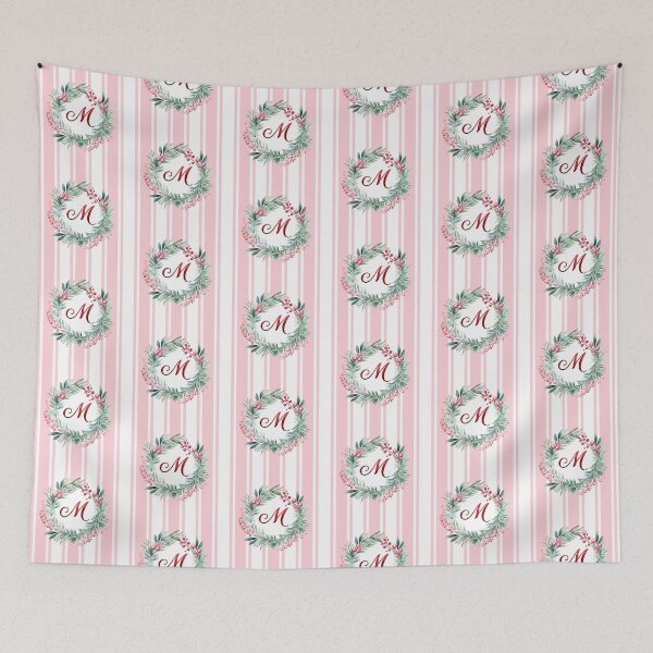 Item preview, M Initial Christmas Wreath with Pink Striped Background designed and sold by Feeling Artsy.