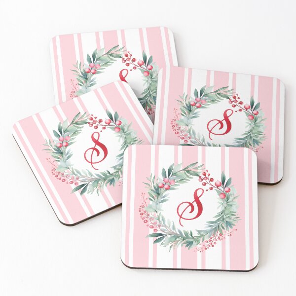 Item preview, S Initial Christmas Wreath with Pink Striped Background designed and sold by Feeling Artsy.