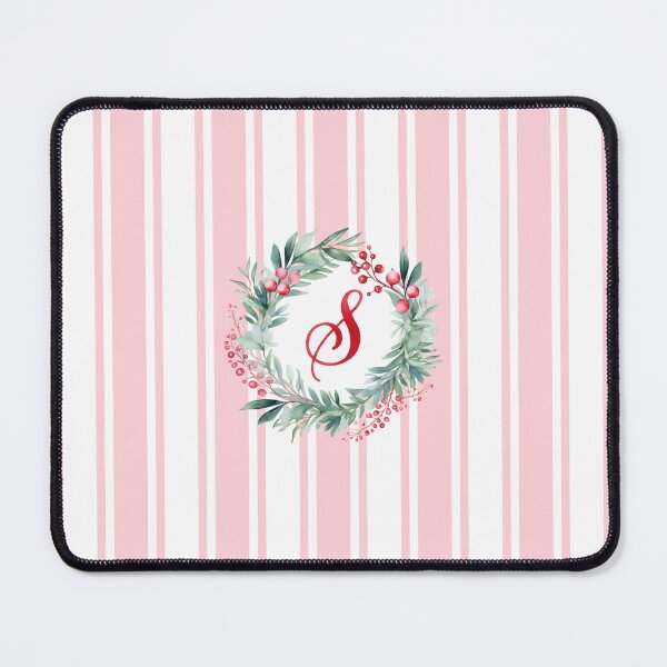Item preview, S Initial Christmas Wreath with Pink Striped Background designed and sold by Feeling Artsy.