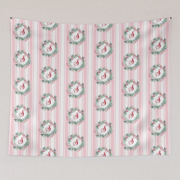Item preview, S Initial Christmas Wreath with Pink Striped Background designed and sold by Feeling Artsy.