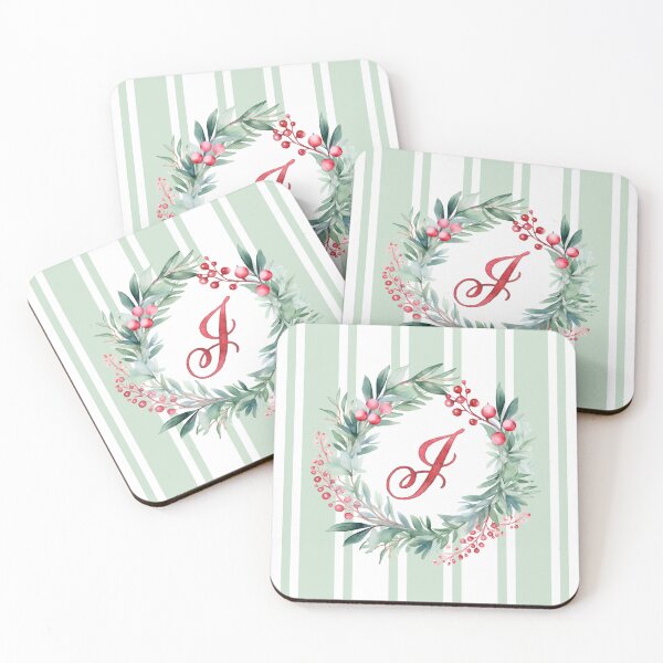 Item preview, J Initial Christmas Wreath with Green Striped Background designed and sold by Feeling Artsy.