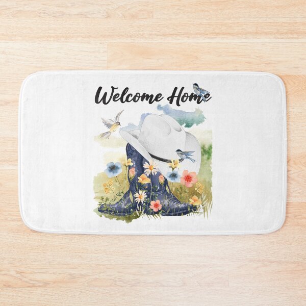 Item preview, Welcome Home with Cowboy Boots/Hat, Wildflowers, Birds, & Meadow Background designed and sold by JeweledDesigns.
