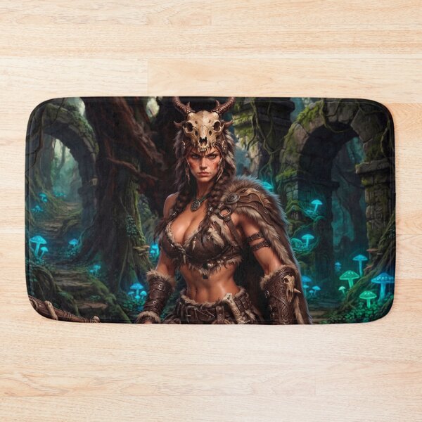 Item preview, Focused Amazon Huntress in Glowing Mushroom Forest – Fantasy Warrior Art designed and sold by VALKYRAART53.
