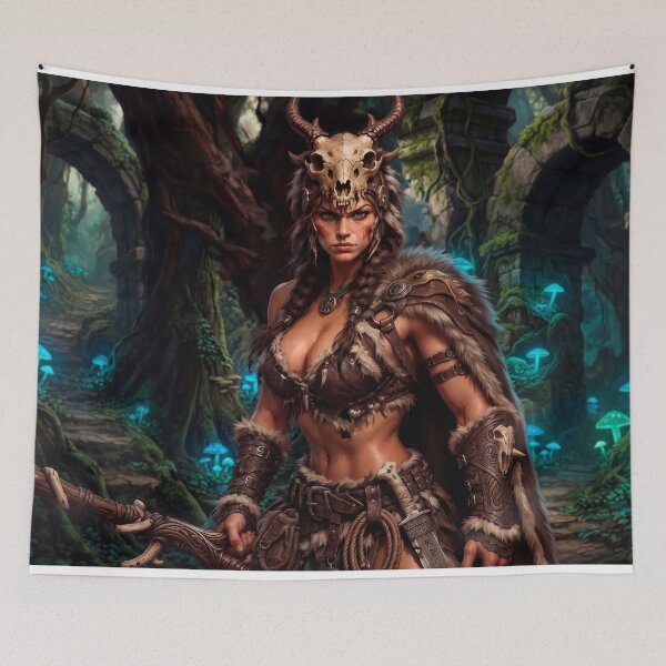 Item preview, Focused Amazon Huntress in Glowing Mushroom Forest – Fantasy Warrior Art designed and sold by VALKYRAART53.