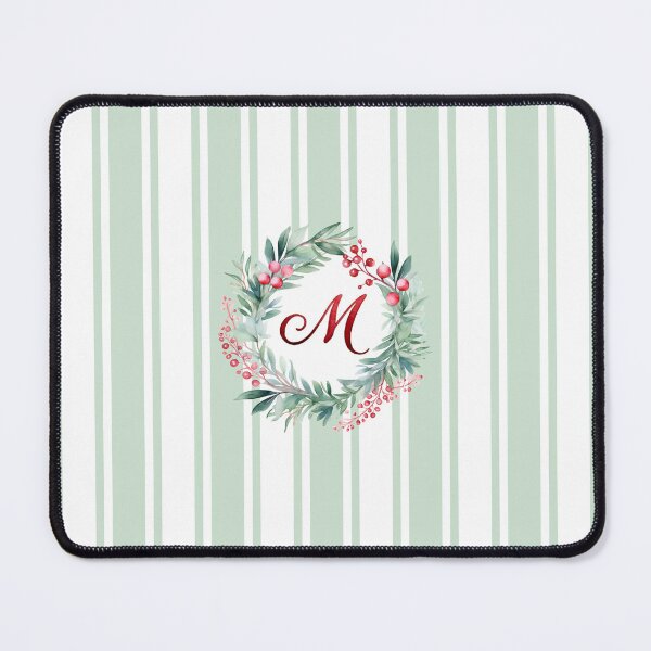 Item preview, M Initial Christmas Wreath with Green Striped Background designed and sold by Feeling Artsy.