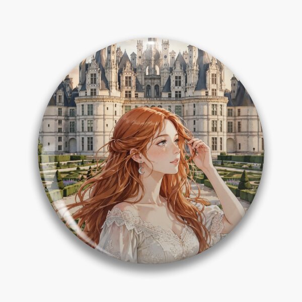Item preview, France Château de Chambord with an Elegant Redhead Traveler in a Romantic Ivory Dress, French Renaissance Castle and Beautiful Garden Landscape designed and sold by DibujandoPorfa.