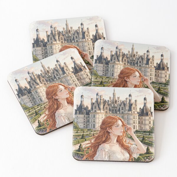Item preview, France Château de Chambord with an Elegant Redhead Traveler in a Romantic Ivory Dress, French Renaissance Castle and Beautiful Garden Landscape designed and sold by DibujandoPorfa.