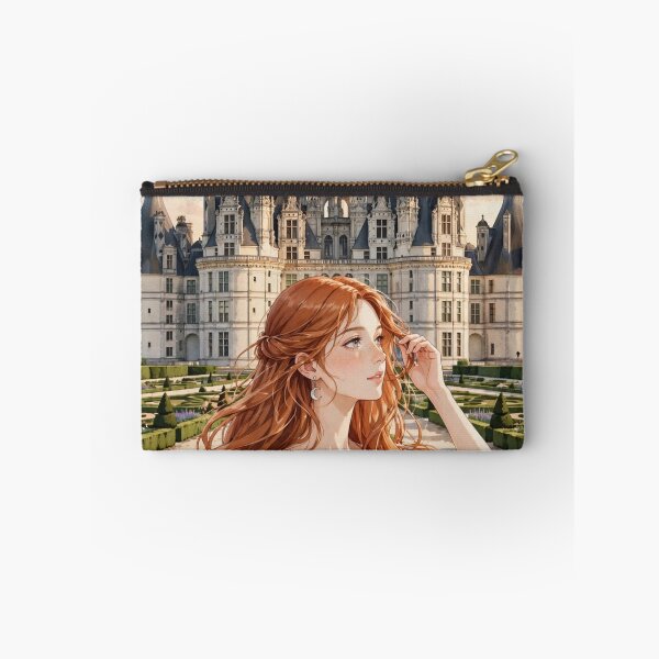 Item preview, France Château de Chambord with an Elegant Redhead Traveler in a Romantic Ivory Dress, French Renaissance Castle and Beautiful Garden Landscape designed and sold by DibujandoPorfa.