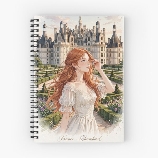 Item preview, France Château de Chambord with an Elegant Redhead Traveler in a Romantic Ivory Dress, French Renaissance Castle and Beautiful Garden Landscape designed and sold by DibujandoPorfa.