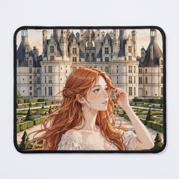 Item preview, France Château de Chambord with an Elegant Redhead Traveler in a Romantic Ivory Dress, French Renaissance Castle and Beautiful Garden Landscape designed and sold by DibujandoPorfa.