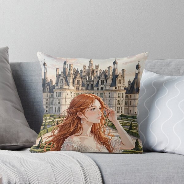 Item preview, France Château de Chambord with an Elegant Redhead Traveler in a Romantic Ivory Dress, French Renaissance Castle and Beautiful Garden Landscape designed and sold by DibujandoPorfa.