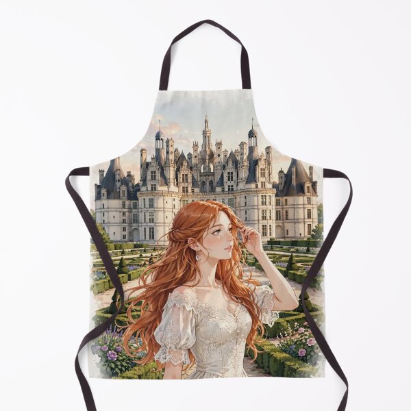 Item preview, France Château de Chambord with an Elegant Redhead Traveler in a Romantic Ivory Dress, French Renaissance Castle and Beautiful Garden Landscape designed and sold by DibujandoPorfa.